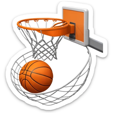 A close-up of a basketball swishing through the hoop, with the net slightly bouncing. The background features a blurred basketball court, capturing the excitement and precision of scoring in the game. sticker