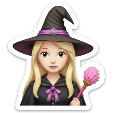 Blonde long hair lady witch with soft pink broom sticker