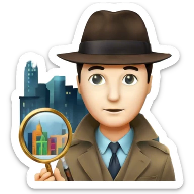 Icon for Detective Movies: A colorful collage featuring iconic detective elements—magnifying glass, a fedora hat, a cigarette, a shadowy figure, and a mysterious city backdrop. Include subtle clues like fingerprints or a crime scene. Retro movie poster style. Transparent background. sticker