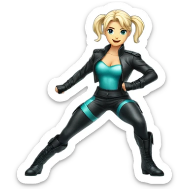 1 girl, leather suit, latex legwear, leather skirt, platinum blonde hair, ponytail, smirk, aqua eyes, leather boots Victory pose, Fighting stance sticker