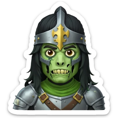 a male with long black rough hair wearing a knight helmet with green zombie skin sticker