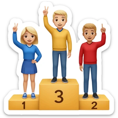 three casually dressed people on a winners podium labeled 2, 1, 3 from left to right, each on their step, center person on 1 holding up one finger on each hand, fun expressive cheerful emoji style sticker