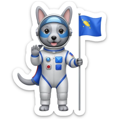 a gray dog in space suit, holding blue rectangle flag, full body, front view sticker