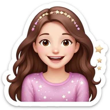 girl with long brown hair laughing with stars and sparkles, light beige and pink color scheme girl with long brown hair laughing with stars and sparkles, light beige and pink color scheme sticker