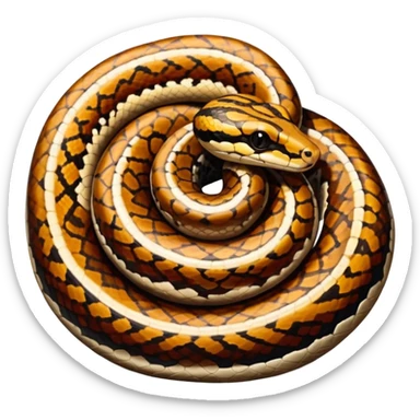 A photo-realistic top-down view of a Ball Python gently coiled into a tight spiral, with its head resting peacefully at the center. Its scales are warm brown with bold, irregular black markings, including the distinctive “alien-head” pattern, flowing smoothly along its body.  sticker
