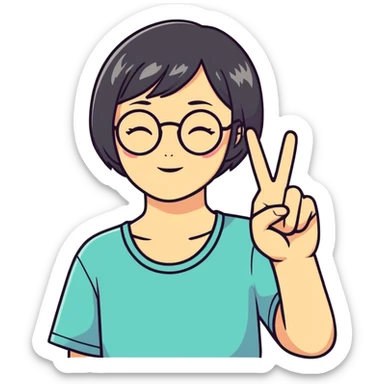 Short haired girl with glasses giving peace sign sticker