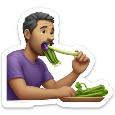 Man putting a purple long vegetable in his mouth so as to eat it sticker