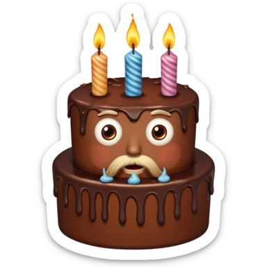 chocolate birthday cake with eyes and candles and beard sticker