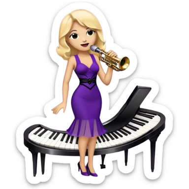 Create a vibrant and expressive emoji representing jazz vocal performance. The design should feature a vintage microphone at the center, surrounded by musical notes and soundwaves flowing outward, symbolizing the vocal improvisation and fluidity of jazz. Include key instruments often associated with jazz vocals, such as a jazz piano (stylized black keys) in the background and a saxophone or trumpet, giving it a true jazz vibe. Add soft lighting effects to evoke the intimate, atmospheric feel of a jazz club. Use rich colors like gold, black, deep purple, and red to reflect the soulful, smooth nature of jazz. The background should be transparent. sticker