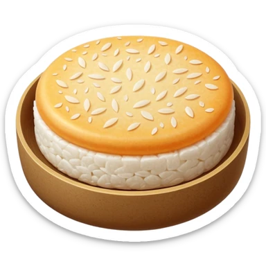single round rice cake with light puffed texture, pale off-white color, speckled with tiny grains and air pockets, slightly uneven matte surface, crisp edges, delicate crunchy appearance, no packaging, no toppings, no extras, soft lighting, subtle shadows, emoji scale sticker