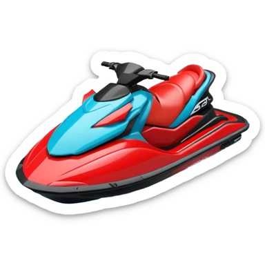 jet ski (red black and white all in the same amount. maybe a red a bit more dominant) on the sea. show the sea under the jet ski - blue with turquoise. no sky - white background instead. DO NOT REMOVE THE SEA AND THE WHITE WHEN FINALIZING!  NO ONE IS ON THE JET SKI  sticker