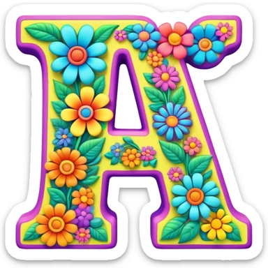 3D style, psychedelic colored Letter A with hippie style flower border sticker
