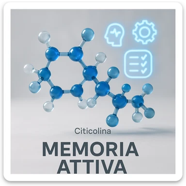 Citicolina che stimola la memoria, iper realistico, molecola blu che attiva simboli di memoria, scritta 'Memoria attiva', atmosfera clinica, sfondo chiaro sticker