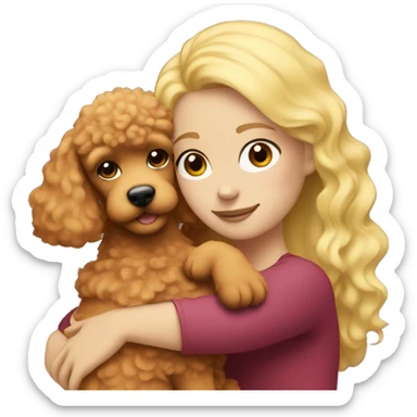 A girl with blonde hair hugs a red poodle sticker