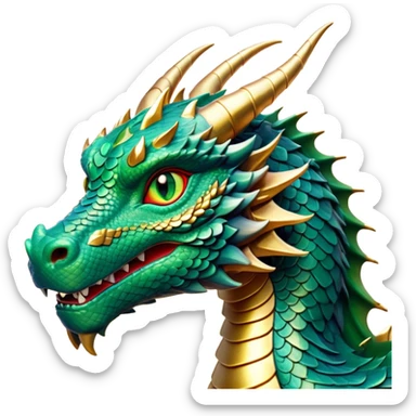 cinematic-noble-dragon-portrait-emoji,-poised-and-majestic,-with-a-sinuous,-elongated-body-covered-in-intricately-detailed,-shimmering-scales-in-hues-of-emerald-and-gold,-and-piercing,-fiery-eyes-that-reflect-ancient-wisdom; sticker