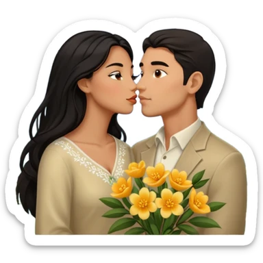 Kissing Couple traveling in Montenegro russian man and elegant  Latina girl delicate flowers and mountains in the background  sticker