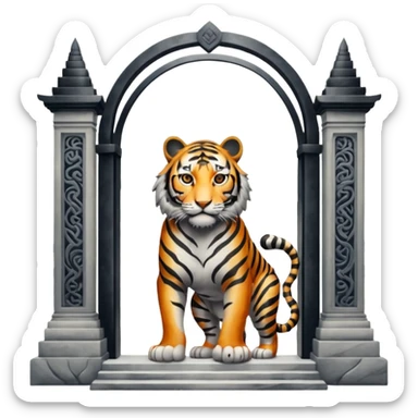 Traditional Chinese ink painting style emoji. A powerful tiger (like the ancient character 虎), standing guard in front of mystical gates (門). Energy swirls around him like a vortex (🌀). Minimalist, transparent background, 512x512 pixels. sticker