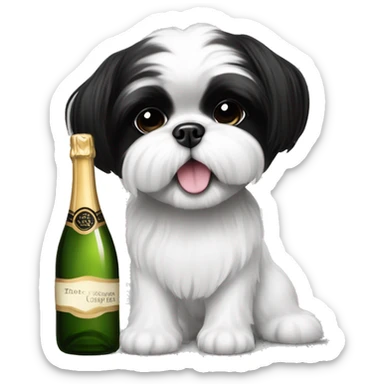 A cute black and white shih tzu playing with a bottle of champagne  sticker