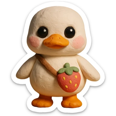 cute white duck with a strawberry-shaped shoulder bag, 3D claymation style, pastel colors, big shiny eyes, soft lighting, chibi look sticker