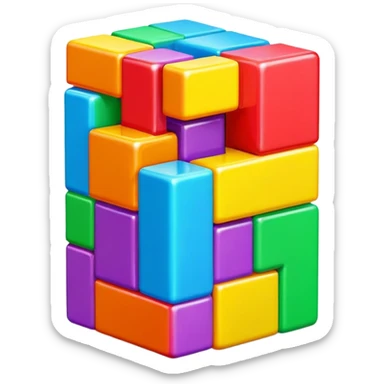 A 3D Tetris game block with a smooth, glossy surface. Bright and vibrant colors, slightly reflective, with soft shadows. The shape should resemble a classic Tetris piece, such as L, T, or square block sticker
