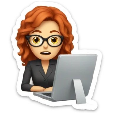 red hair woman wearing glasses frustrated desk monitor stack paper sticker