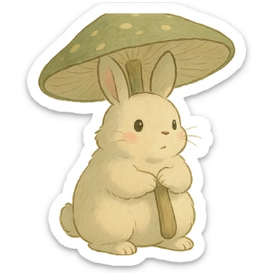 chubby bunny holding a mushroom umbrella, pastel beige and moss green, soft Ghibli style sticker