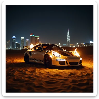 Cinematic shot, Porsche 911 gt3 rs in fire, desert, night, dubai city in background sticker