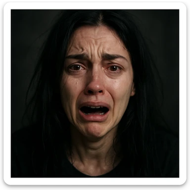 woman with long black hair having a mental breakdown, expressive face, emotional, visible distress sticker