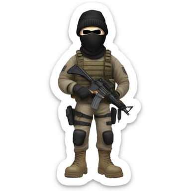 White male, call of duty black mask, camo tactical gear, tan combat boots, black beanie, blue eyes sticker