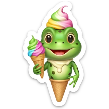 cute frog eating ice cream, happy face, holding a colorful ice cream cone, 3D cartoon, mobile game icon style, bright colors, soft shadows, clean background, no text, no watermark
 sticker