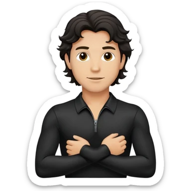 Caucasian man with black wavy hair wearing a long sleeve black spandex shirt with collar and zip to the chest sticker