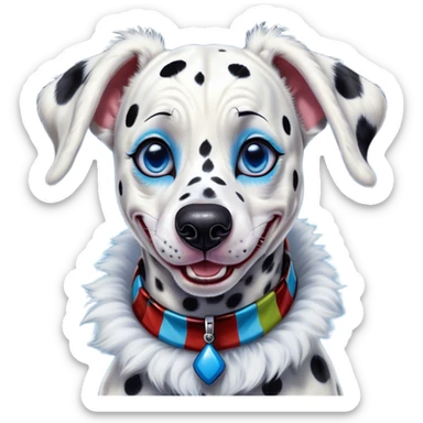 Cinematic Comical Harlequin Dalmatian Portrait Emoji, Head tilted dramatically with an exaggeratedly shocked or amused expression, featuring a striking Fur of predominantly white with vivid black patches, wide, expressive blue eyes filled with playful disbelief, Simplified yet hilariously expressive features, highly detailed, glowing with a slightly sassy glow, high shine, dramatic yet playful, stylized with an air of cheeky charm, bright and endearing, soft glowing outline, capturing the essence of a spirited and over-the-top guardian, so meme-worthy it feels like it could side-eye its way into internet fame instantly! sticker