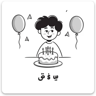 A cute little boy smiling with a birthday cake with candles and birthday decorations like balloons and party hats. At the bottom write in Persian text: "امیدرضاجان تولدت مبارک" sticker