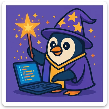 a penguin dressed as a wizard, holding a wand, with magical sparkles, writing code on a glowing laptop, fun whimsical style sticker