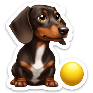 A chocolate-colored dachshund with a yellow ball sticker
