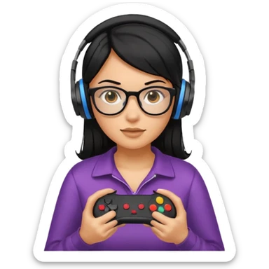 
gamer, woman shiny black hair no eyebrows with glasses, headphone, gamepad sticker