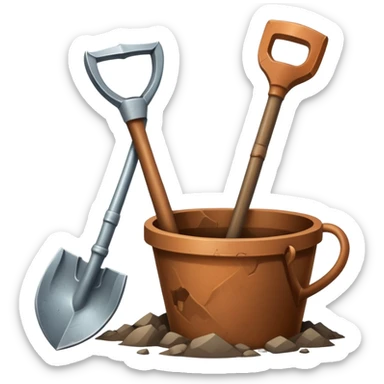 An icon featuring a shovel, pickaxe, and an ancient artifact like a broken pot, symbolizing the essentials of archaeology. The design focuses on the tools of excavation and discovery, recognizable look. Transparent background. sticker