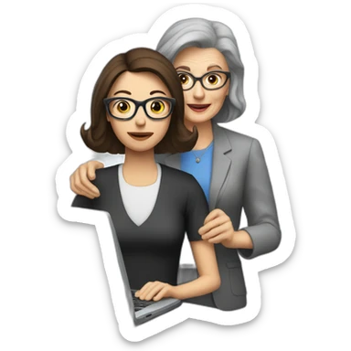 Brunette with glasses coaching old woman on computer sticker