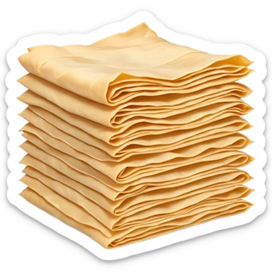 stack of ultra-thin rectangular phyllo dough sheets with wavy edges, soft beige color, top sheet lifted showing delicate translucent texture, dry smooth surface with creases, no packaging or filling, clean 3D rendering, soft shadows, transparent background, emoji scale sticker