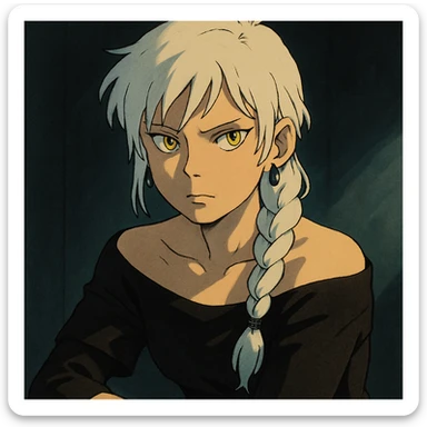 closeup portrait of young woman with gold yellow eyes, white hair in a long braid, black off-shoulder top, punk gothic style, futuristic cyberwave, sitting position, dramatic lighting and shadows, ghibli style sticker