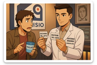 fai un webtoon manga a colori con questo stile, in cui un uomo ASCOLTA Il kinesiologo con il camice bianco (fagli anche la scritta "ANTONIO ANANIA" SUL CAMICE, IL KINESIOLOGO SPIEGA ALL'UOMO UNA COSA TENENDO DUE FOGLIETTINI IN MANO, UNO CON LA SCRITTA "ZUCCHERO DEL LATTE" E UNA CON LA SCRITTA "PROTEINE DEL LATTE". L'UOMO OSSERVA LO YOGURT CHE HA IN MANO CON ESPRESSIONE DUBBIOSA IN VOLTO. non fare i fumetti però, fai solo in modo che sembri stiano parlando sticker
