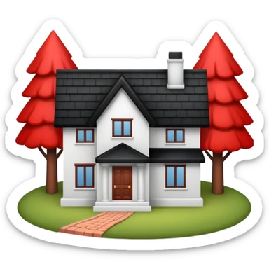 Dom z czarnym dachem i biała elewacja ze wstawkami z czerwonej cegły.Na drugim planie las. sticker