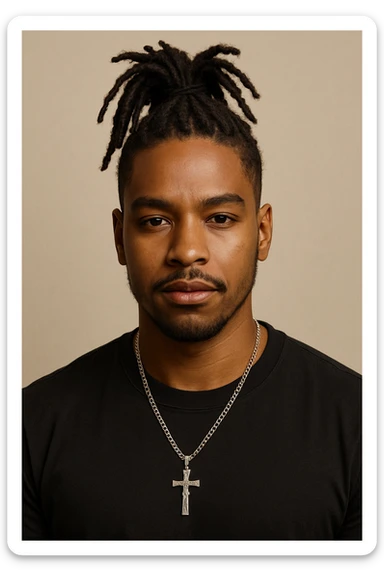 portrait of a brown-skinned person wearing a cross chain, dreadlocks styled in a top ponytail, confident expression, plain background sticker