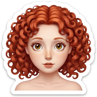 lady with Soft, round face, rosy cheeks, wide expressive eyes, Curly red hair, often styled in intricate ringlets, Fair skin, freckles, sticker