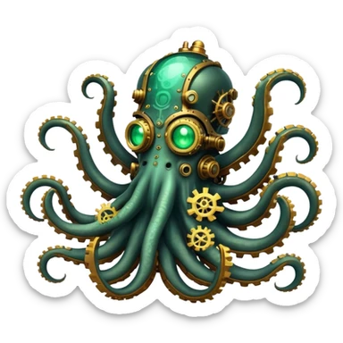 A steampunk-styled mechanical kraken with golden gears, steam vents, and glowing emerald eyes, clockwork kraken sticker