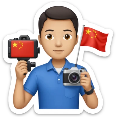 A Chinese man with a Chinese flag and a camera sticker