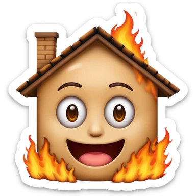 Create a comically crazy looking emoji that looks lost and confused. Have it related to emotional damage for theme with a house burning in background sticker