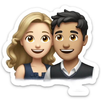 A pale half Asian man with short dark hair and amber eyes laughing with a white woman with long wavy brunette hair and dark hazel eyes. They love each other a lot And have good fashion taste and are hugging each other tight  sticker