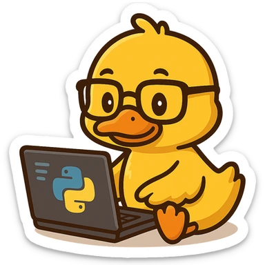 Animated duck wearing glasses, programming Python on a laptop, in a cute cartoon style sticker