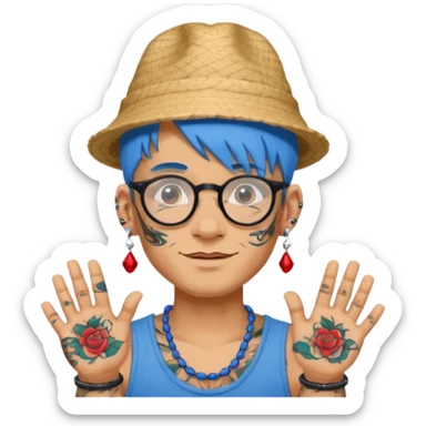 unique looking tourist with big unique red tourist hat and earrings, man with lots of tattoes and spectacles, blue hair showing sticker